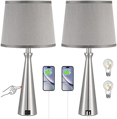 Table Lamps for Living Room Set of 2 - Nightstand Bedroom Lamp with USB C USB-A Charging Port Grey, Dimmable Bedside Touch Lamp for Master Bedroom, Large End Side Table Lamp for Guest/Dinning/Room