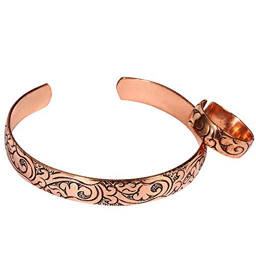 Copper Bracelet with Thumb Rings for Women ~ Tibetan Healing Copper Bracelet for Arthritis, Joint Pain & Migraine ~ Copper Jewelry for Women & Men (Floral)