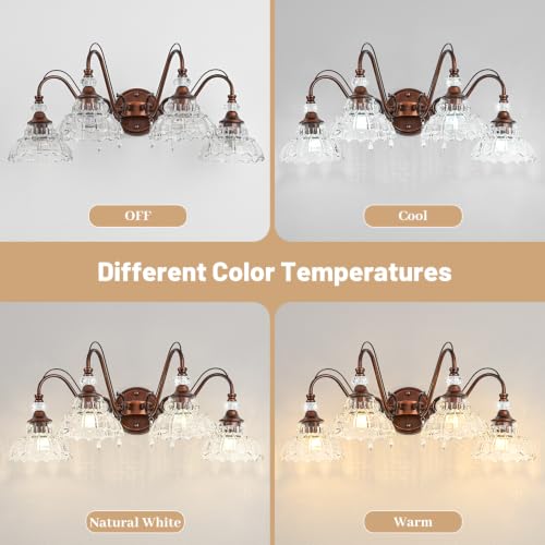 Image of Vintage Bathroom Vanity Light, 4-Light Antique Red Bronze Finish Wall Sconce with Hanging Crystal Accents and Flower-Shaped Clear Glass Shades, Retro Wall Mount Vanity Light Over Mirror for Bathroom