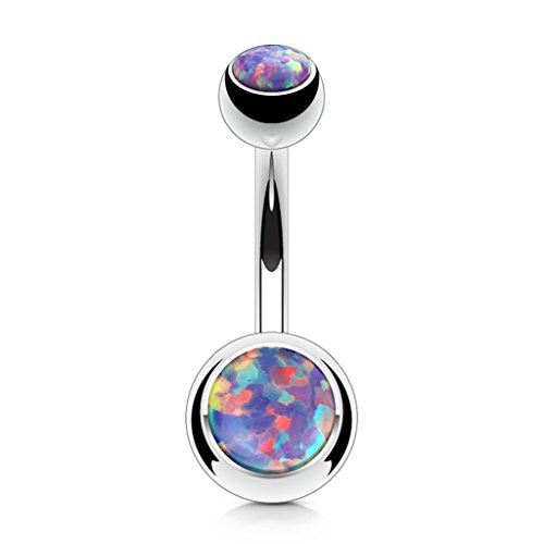 FIFTH CUE Belly Button Ring - 316L Surgical Steel Double Opal - Belly Button Piercing Jewelry, 14GA (1.6mm) - 3/8" Length, 5 & 8mm Balls, Opal Purple, 6-Color Combo Pack