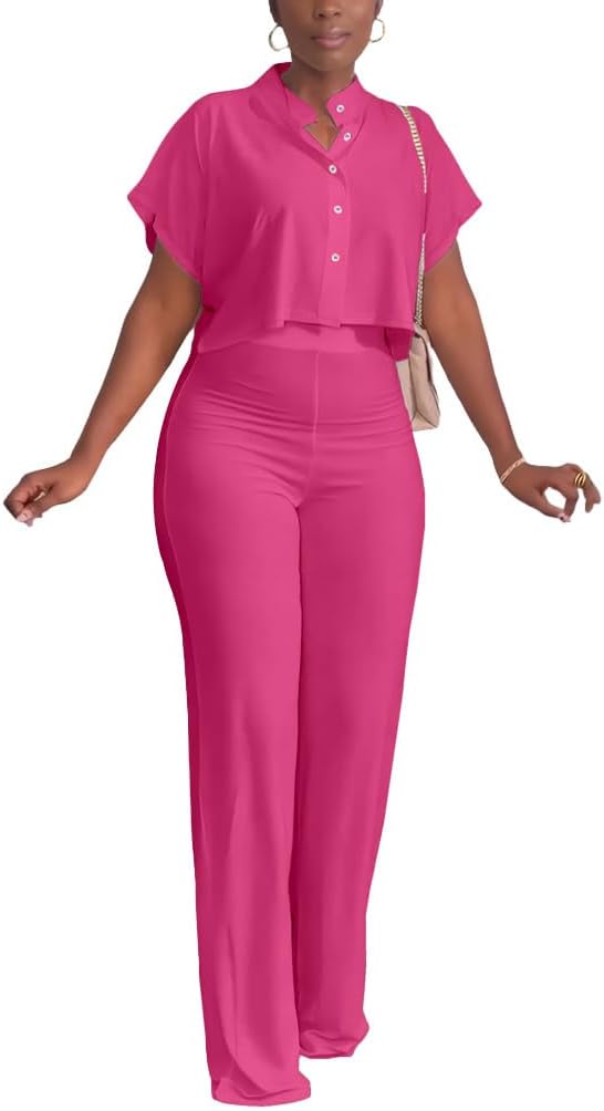 HBQ Women's Summer 2 Piece Outfits Casual Tracksuit Short Sleeve Button Down Crop Top Wide Leg Long Pant Lounge Sets