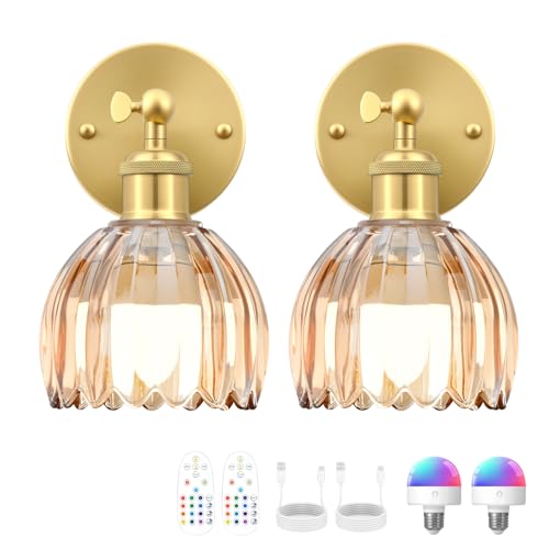 Image of Vintage Battery Operated Wall Sconce, Amber Tulip Glass Lampshade Wireless Rechargeable Battery Powered LED Wall Light with Remote Dimmable for Bedside Bedroom Doorway Living Room, Set of 2