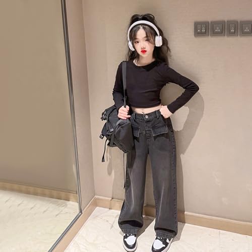 Girls Straight Leg Baggy Jeans Elastic High Waisted Wide Leg Trousers Kids Fall Casual Denim Pants with Pockets3