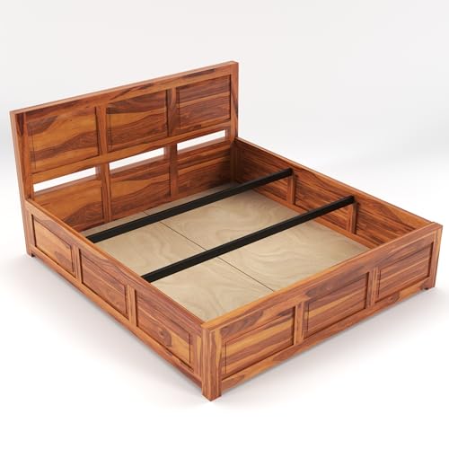 Image of Sheesham Wood King Size Bed with Storage Box | Wooden Box Bed King Size Double Cot Bed with Storage for Bedroom | Premium 3 Dalla Design Headboard Bed for Hotel, Home | Honey Finish