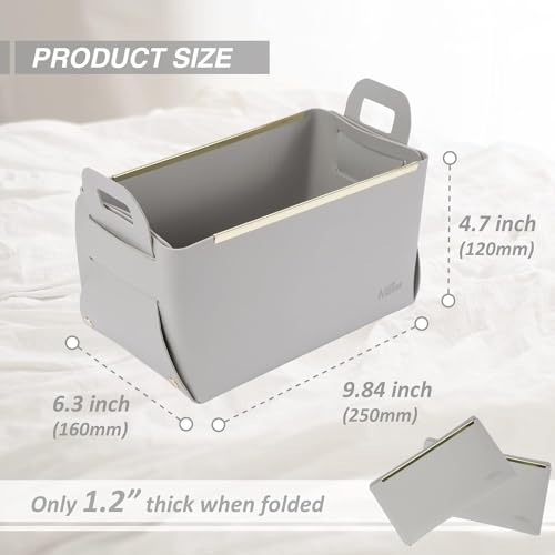 Image of Leather Portable Small Storage Basket for Desktop, Rectangle Decorative Box with Two Handles for Organizing, Storage Bin for Snack Sundries Cosmetics Stationery, 9.45''L5.5''W5.12''H (Grey)