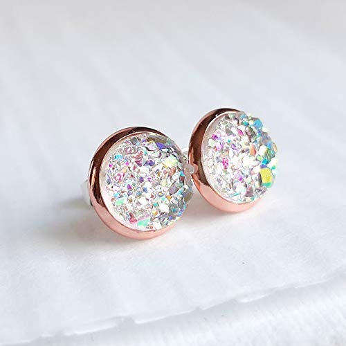 Opal on Rose Gold - Druzy Stud Earrings - Hypoallergenic Posts