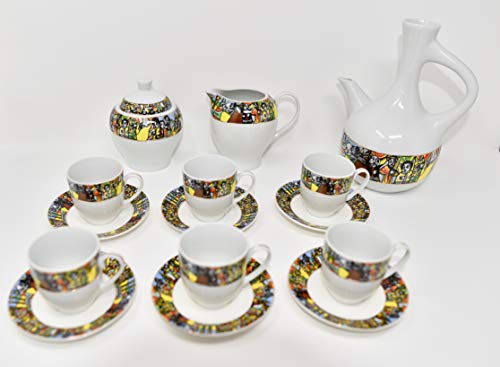 Ethiopian/Eritrean Coffee Cups, Sábà Edition. Full set, 23 Pcs. Comes with 6 cups, 6 saucer, 6 spoons milk+sugar pot.