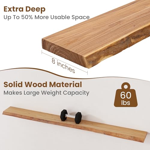Image of Floating Shelves for Wall Decor, Rustic Solid Elm Wood Live Edge Floating Shelves Wall Mounted, Wall Shelves with Invisible Bracket for Living Room Bathroom Bedroom Kitchen, 72 Inch, Natural