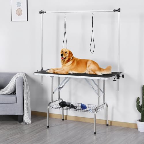Yaheetech 46" Pet Dog Grooming Table Height Adjustable Dog Beauty Table for Large Dogs/Cats w/Storage Basket/Noose Tools 177cm High Black - Image 2