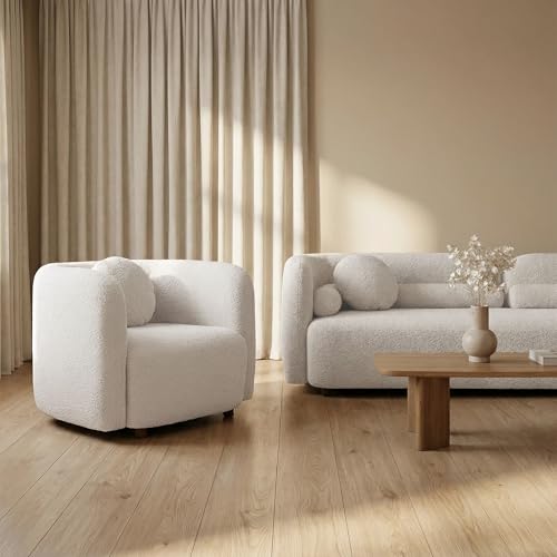 Image of 2026 New White Boucle Sofa Set, 2-Piece Living Room Seating Set - 3 Seater Sofa + Single Chair, Solid Wood Frame Modern Couches with Pillows