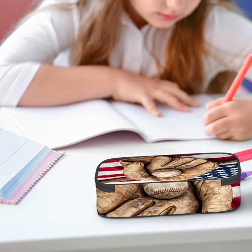 Image of Vintage Baseball Pencil Holder Bag American Flag Bat Glove Cowboy Pencil Case College Office Organizer School Supply for Boy Girl Teens Adults