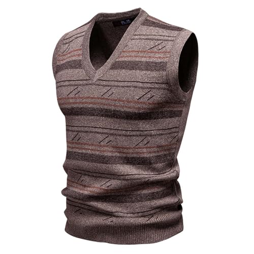 Sweater Vest for Men Classic Striped Pullover Fall Casual V Neck Sleeveless Sweaters Knitwear Tops Waistcoat Sweater Coffee