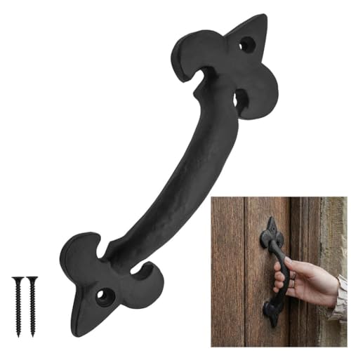 SaKeGa Medieval Rustic Cast Iron Door Pull with Compact Grip, Fleur de Lis Handle, 7 1/8 in Decorative Hardware for Cabinets, Wardrobes & Garden Sheds