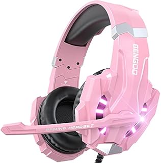 BENGOO G9000 Professional Gaming Headset for PS4, PC, Xbox One Controller, Noise Cancelling Over Ear Headphones with Mic, LED Light, Bass Surround, Soft Memory Earmuffs for Laptop Nintendo - Pink