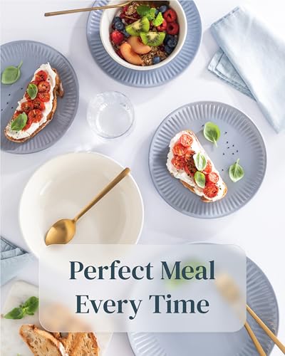 Image of Stoneware Dinnerware Set for 4 People HYGGE 12-Piece - Elegant Scandi Design - Premium Dish Set - Bowl and Plate Set - Tableware for 4 People in a Ribbed Design - Pure Living in Gray-Blue