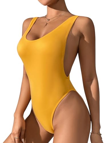 Dixperfect 90s Trend One Piece Swimsuit Low Cut Sides Wide Straps High Legs for Women Primrose Yellow