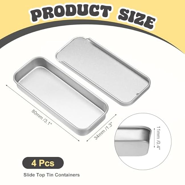 uxcell 4Pcs Slide Top Tin Containers, Mini Metal Empty Tins Box with Sliding Lids, 3.1x1.3x0.4 Rectangular Storage Organizers for Lip Balm, Solid Perfume, Small Items, Silver