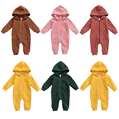 Yurio Newborn Infant Baby Girl Fall Clothes Hoodie Zipper Long Sleeve Romper Jumpsuit Pocket Bodysuit Overalls Outfits (Coffee, 3-6Months) #TOP6