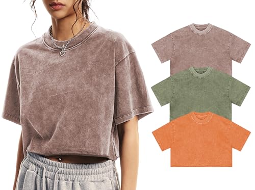 Talakeno Womens Oversized Vintage T Shirts Casual Cropped Tees Short Sleeve Cotton Acid Wash Tops Summer Grunge Shirts(3pc:Khaki+Green+Orange,M) by Talakeno - Used condition - US$35.34