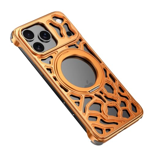 Coque iPhone 15 Pro Max bumper métallique orange avec support de table