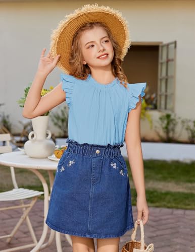 Image of Arshiner Girls Ruffle Short Sleeve Shirts Cute Summer Frill Neck Pleated Textured Blouse Tops