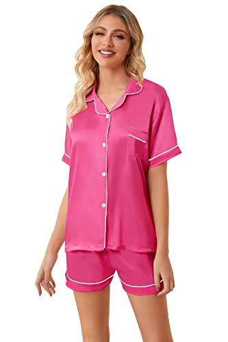 Image of Umeyda Women & Girls Pajamas Set, Soft Satin Lightweight Silk Button-Down Top with Shorts 2 Piece PJS for Mom Boys Kids Gifts