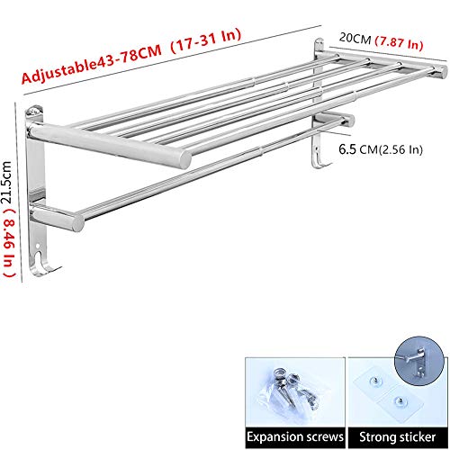 Towel Rail Extendible 43-78 cm Stainless Steel No Drilling Towel Rail Wall Shelf Suitable for Bathroom Kitchen Bath Towel Holder (2-Layer Shelf) - Image 3