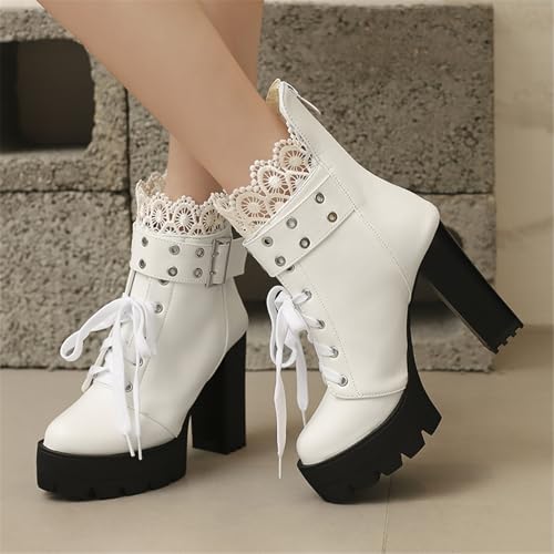 Image of FOREADA Goth Boots Chunky Heel Boot For Women Ankle Combat Booties Black Platform Bootie Buckle Rivets Punk Goth Shoes With Zipper