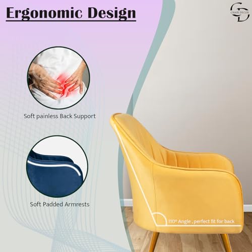 Image of Velvet Accent Chair | Luxury Upholstered Armchair with Sturdy Metal Legs | Modern Comfortable Chair for Living Room, Bedroom, Office, or Cafe (Golden Legs, Yellow)