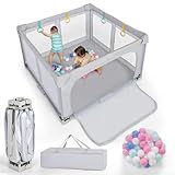 Costzon Foldable Playpen for Babies, 50''x50'' Portable Baby Play Pen with 50 PCS Ocean Balls, 4 Handles, Carry Bag, Visible Mesh, Kids Activity Center with Gates, Indoor & Outdoor Gate Play Pen