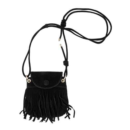 WANSHI Damen Handtasche mit Fransen, Kleine Umhängetasche im Boho-Stil, Cognacbraun, Vintage Schultertasche (schwarz)