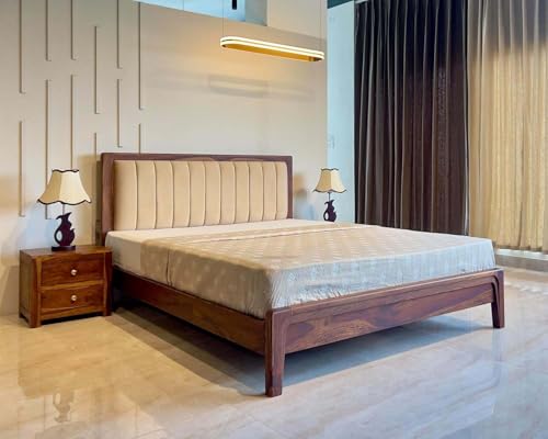 Image of Sheesham Wood Modern Platform Bed with Upholstered Head Board, Solid Wood in Natural Finish, Modern Design | King Size - (78 inchx72 inch) | Without Mattress & Side Tables | Low Highted
