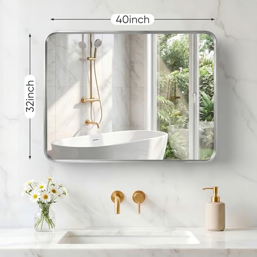 Image of Sweetcrispy Bathroom Mirror 40x32 Inch Metal Framed Rounded Rectangle Vanity Mirror for Wall, Over Sink, Farmhouse, Restroom, Anti-Rust, Modern Decorative, Horizontal or Vertical Hanging, Silver
