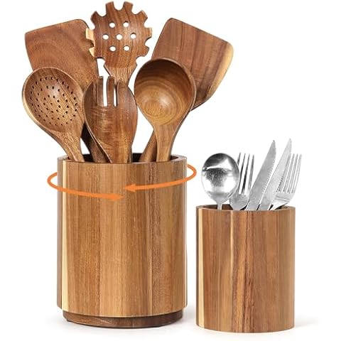 KINGSOW Utensil Holder for Kitchen Countertop: 360° Rotating Wooden Utensil Crocks - Farmhouse Cooking Spoons Organizer Cover
