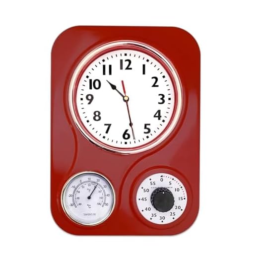 Lily's Home -9.5 Inch x 12.5 Inch -Retro Kitchen Wall Clock, Vintage Wall Clock with a Thermometer and 60-Minute Timer, Ideal for Any Kitchen, Office, or Diner (Retro Red)