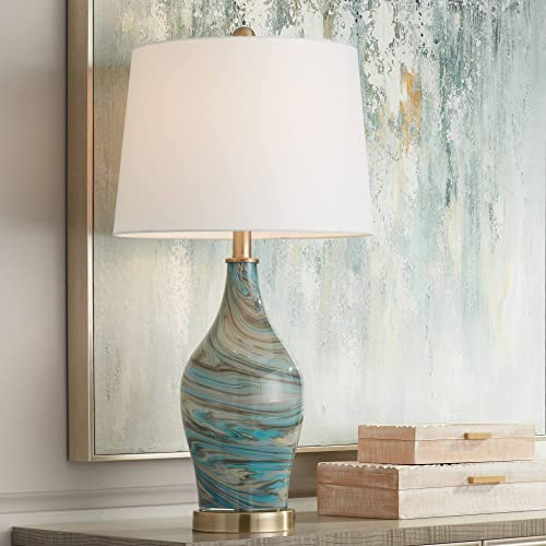 360 Lighting ZP2320 Darren Modern Coastal Table Lamp 26 Inch High Blue Swirl Art Glass White Fabric Tapered Drum Shade Decor cover
