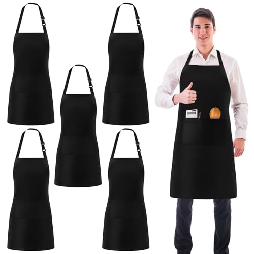 Grembiule Da Cucina,5 Pezzi Grembiule Cucina,Grembiule Nero Cucina,Regolabile Grembiuli Con Tasche,Nero Grembiule Da BBQ Per Cucina Domestica,Ristorante,Bar,Barbecue,Impermeabile E Resistente All'olio
