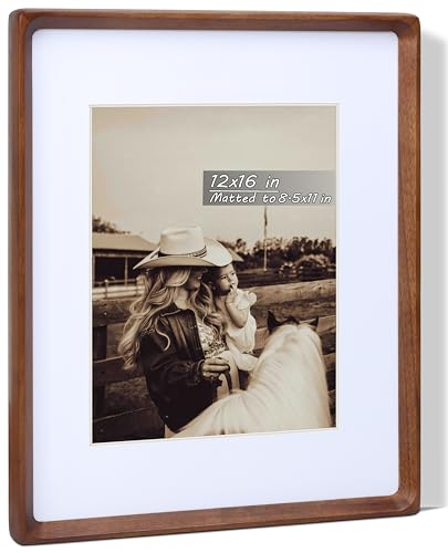 Image of 12x16 Picture Frame with Mat for 8.5x11, USA-Sourced Natural Walnut Wood Handcrafted Rounded Corner with Plexiglass, Vertical or Horizontal Display Photo Document Gallery Wall Poster Frame