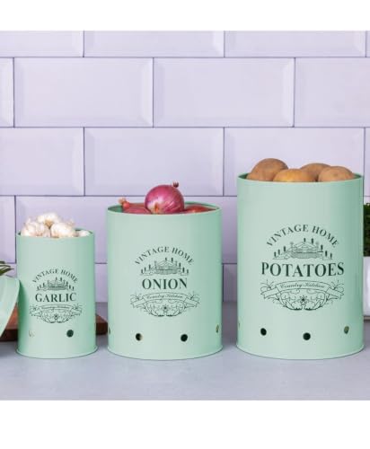 Image of Galvanized Metal Vegetable Storage Container Set of 3 for Potato, Onion & Garlic | Ventilated Kitchen Pantry Organizer with Lids | Rust-Resistant Food Storage Bins | Green