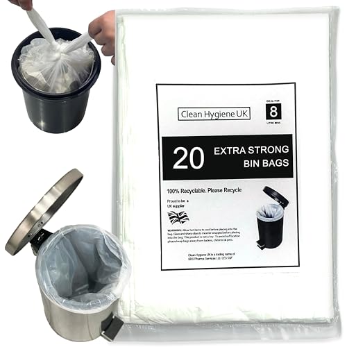 8L Bin Bags Extra Strong 20 Count Small Waste Pedal Bin Liners 8 Liter Trash Bags For Toilet Bedroom Bathroom Hotels Garbage Food Waste Dog Poop White Refuse Rubbish Sacks 8 Litre 20 Count