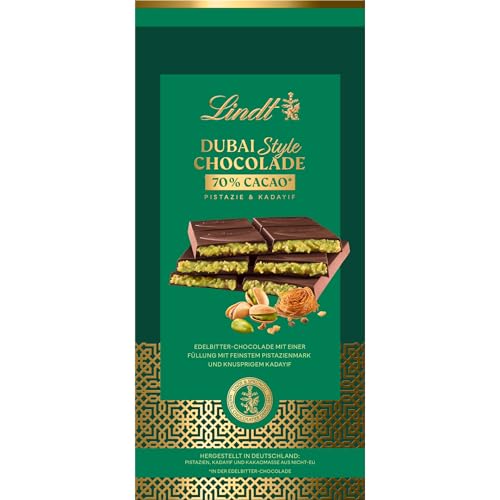 Lindt Dubai Style Chocolade Dark | 150g Tafel | Dunkle Schokolade mit feinster Pistazienmark, Pistazien- und Mandelkrokant und knuspriger Kadayif Füllung | Schokoladentafel | Schokoladengeschenk
