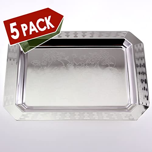 Maro Megastore (Pack Of 5) 14 Inch X 9.8 Inch Octagonal Chrome Plated Silver Serving Tray Stylish Design Floral Engraved Edge Decorative Party Birthday Wedding Buffet Wine Platter Plate Cc-1508 #TOP1