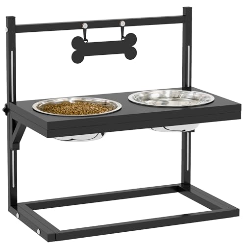 PawHut Gamelles surrélevées Chien avec Support Hauteur Ajustable de 11 à 33 cm, 2 Bols Amovibles en Acier Inoxydable, Plaque Motif os, Noir