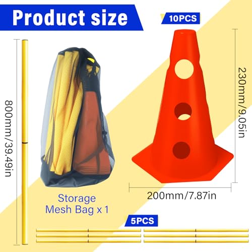 XEIYEI 5er Sports Steckhürdenset Cavaletti Agility Set Hunde Hürden Steckhürdenset 10 Kegel 23cm + 5 Stangen 80cm Agility Koordinationstraining Set für Kinder Hunde Teamsport Fussball (Orange)