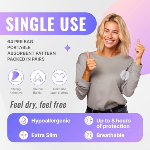 Swearx Underarm Sweat Pads for Women and Men - Disposable Armpit Sweat Blocker - Comfortable, Thin, Stick-On Sweat Guard Pads for Underarms - Prevents Sweat Stains, Pack of 64, Armpit liners