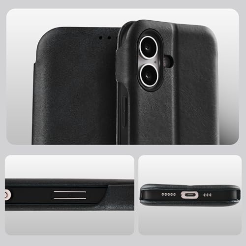 Image of PULOKA - Sleek Flip Case- Compatible for iPhone 16 Plus- Premium Vegan Leather Phone Cover with Card Slot - Slim, Durable, Privacy Protection - Kickstand Function - Elegant Flip Wallet Cases- (Black)