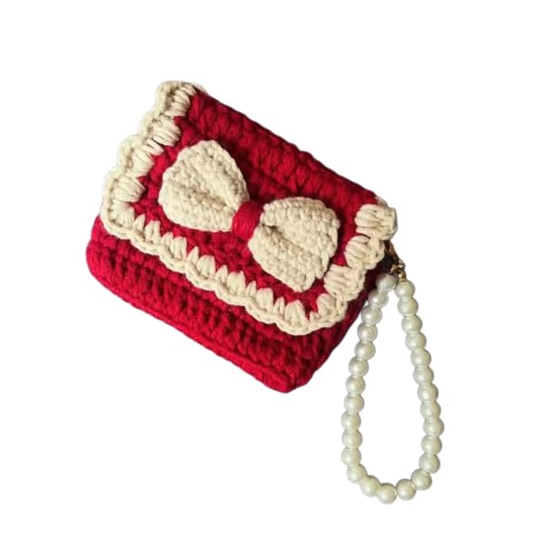 Handmade Crochet Coin Purse with Bow and Pearl Handle, Red and Cream, 10 cm x 8 cm-image-9