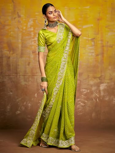 Image of Satrani Women'S Georgette Embroidery Bandhani Printed Saree With Unstitched Blouse Piece