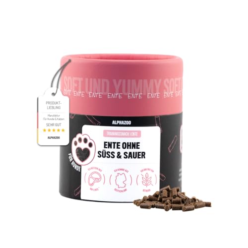 alphazoo Ente ohne Süß-Sauer 65g - Hundesnack aus 96% Ente. Getreidefrei, ohne künstliche Aromen, Farbstoffe & Konservierungsstoffe. Weich, gesund & ideal als Belohnung oder Trainingssnack