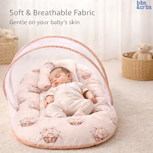 Image of Bibs&Cribs Baby Nest Bedding Set for Newborn Infants with Mosquito Net Mattress Pillow Portable Baby Lounger Travel Bed Resting Nest for Baby Boys and Girls